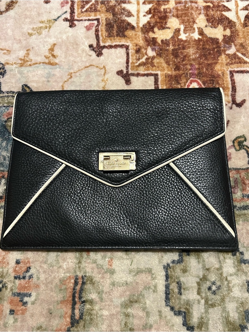 Kate Spade black pebbled leatherpiping trim Natalie Wesley Place clutch bag